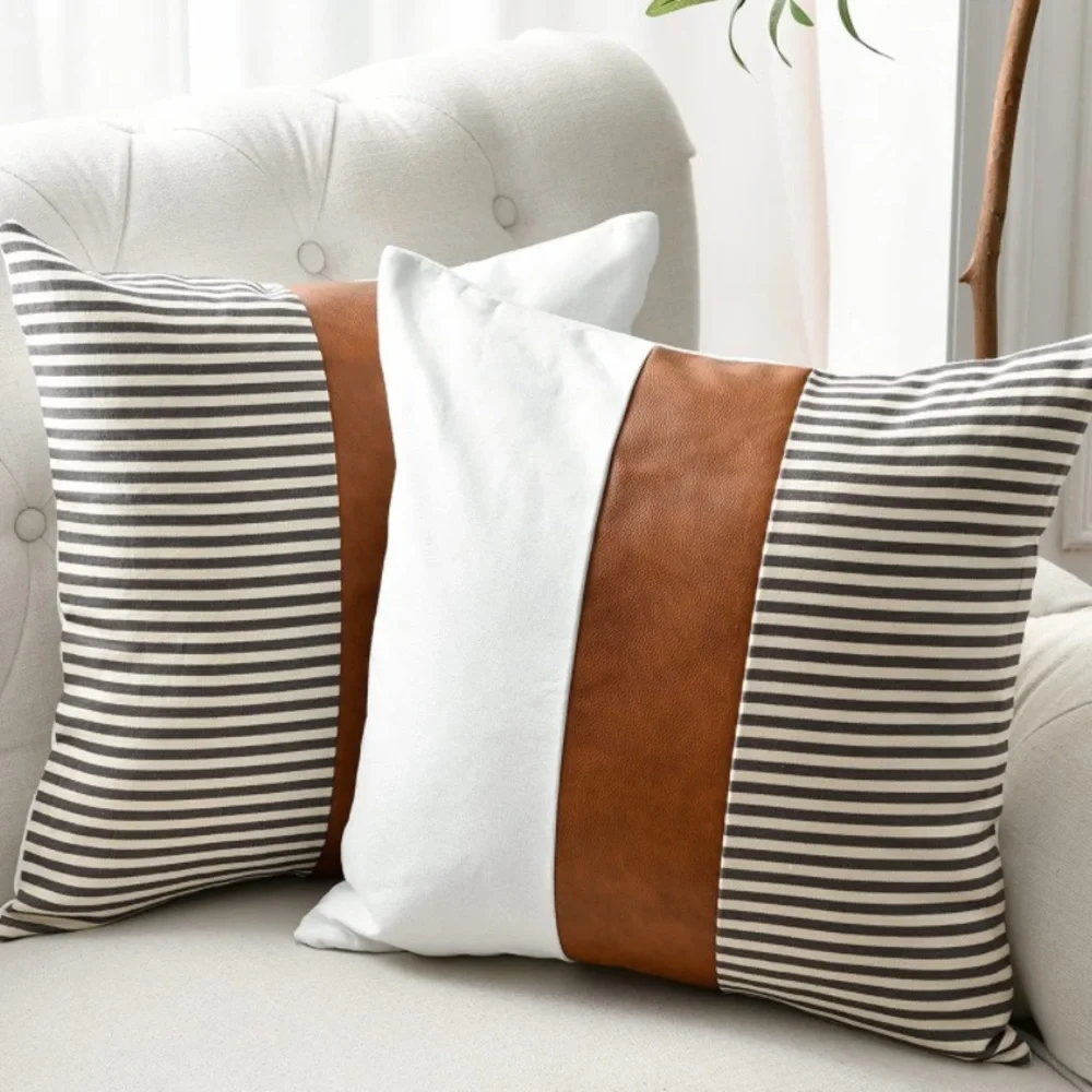 Luxury Home | Rustic Farmhouse Grey Striped Faux Leather Throw Pillow Covers